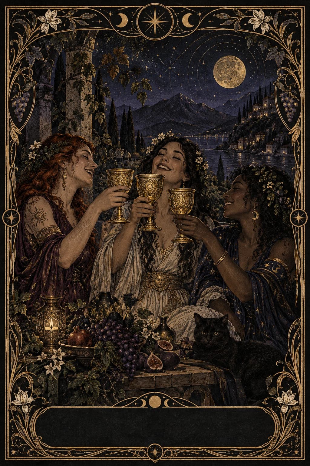 Ilustração original de Três de Copas no baralho Aura Tarot