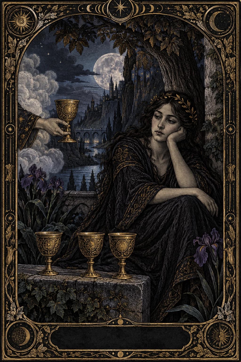 Ilustração original de Quatro de Copas no baralho Aura Tarot