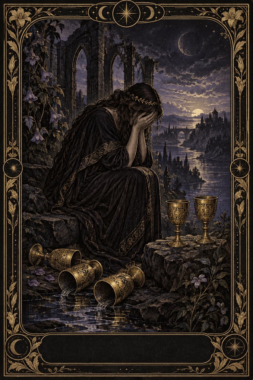 Ilustração original de Cinco de Copas no baralho Aura Tarot