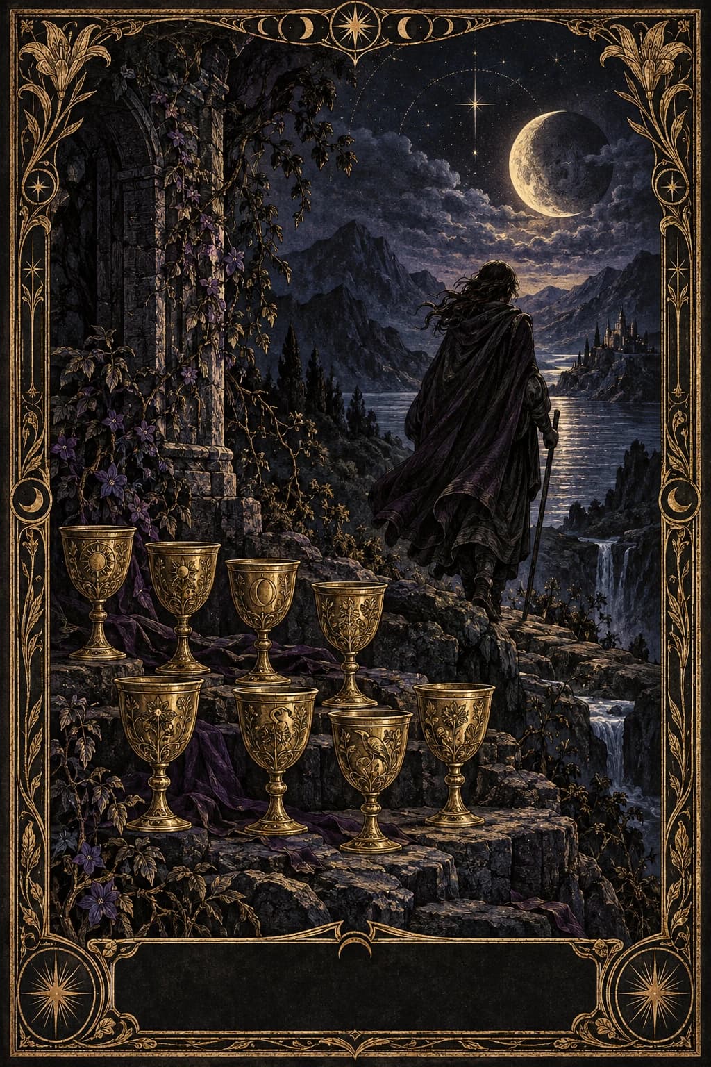 Ilustração original de Oito de Copas no baralho Aura Tarot