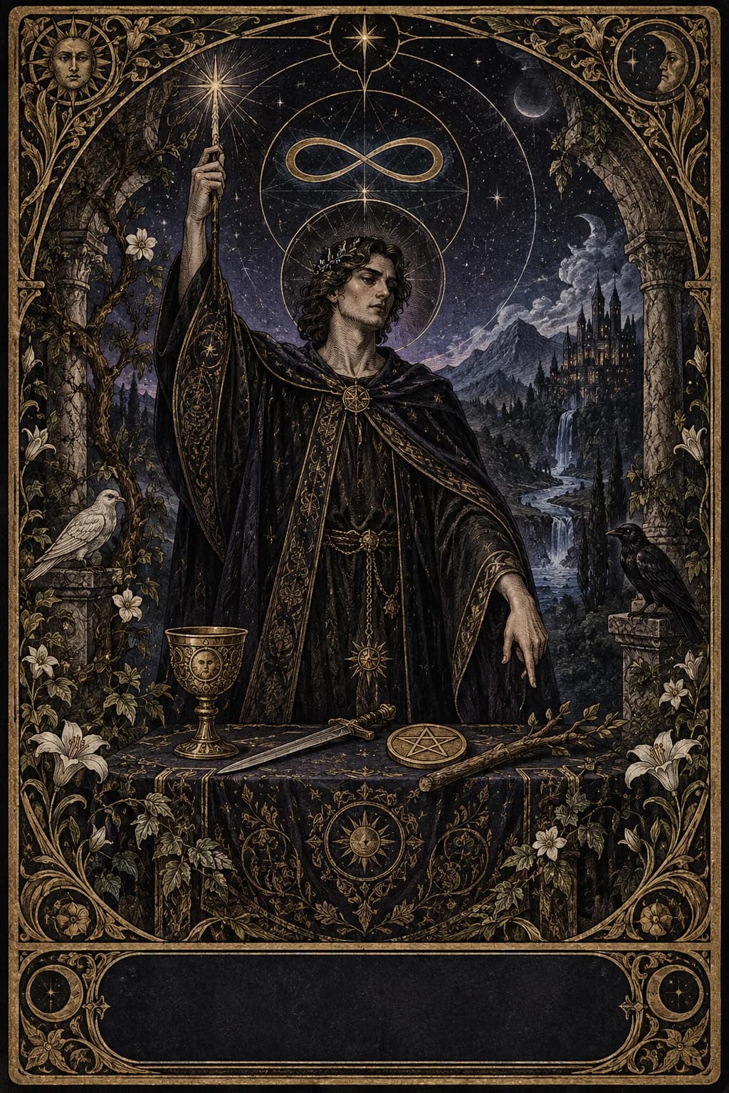 Ilustração original de O Mago no baralho Aura Tarot