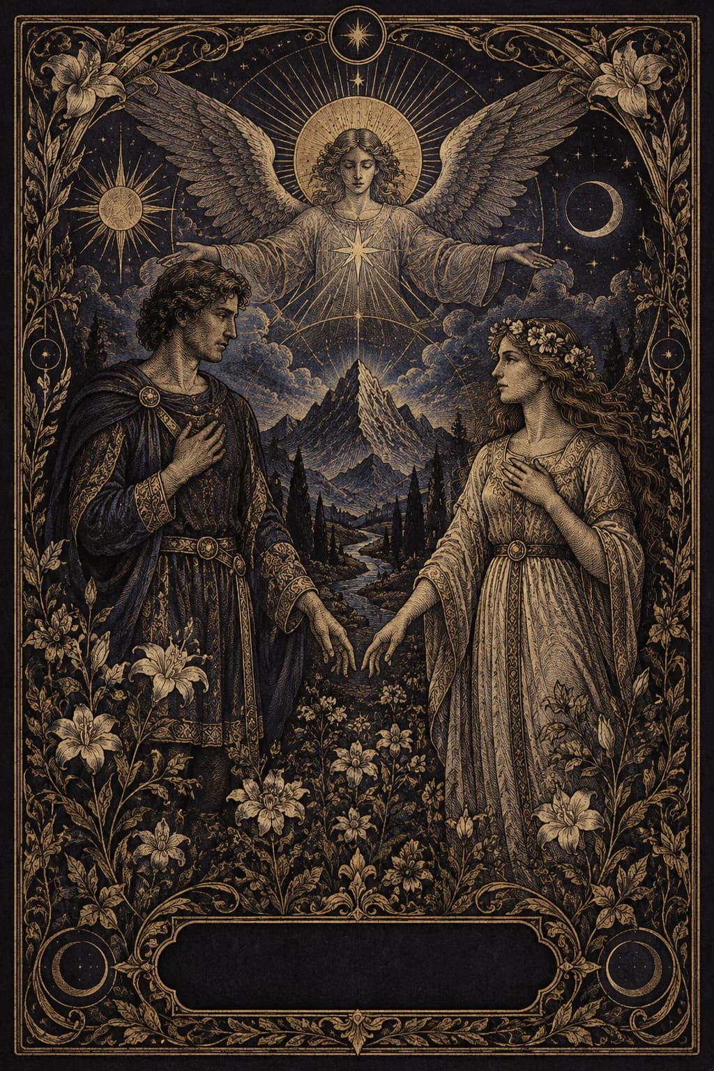 Ilustração original de Os Enamorados no baralho Aura Tarot