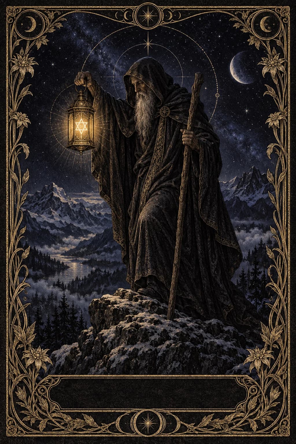 Ilustração original de O Eremita no baralho Aura Tarot