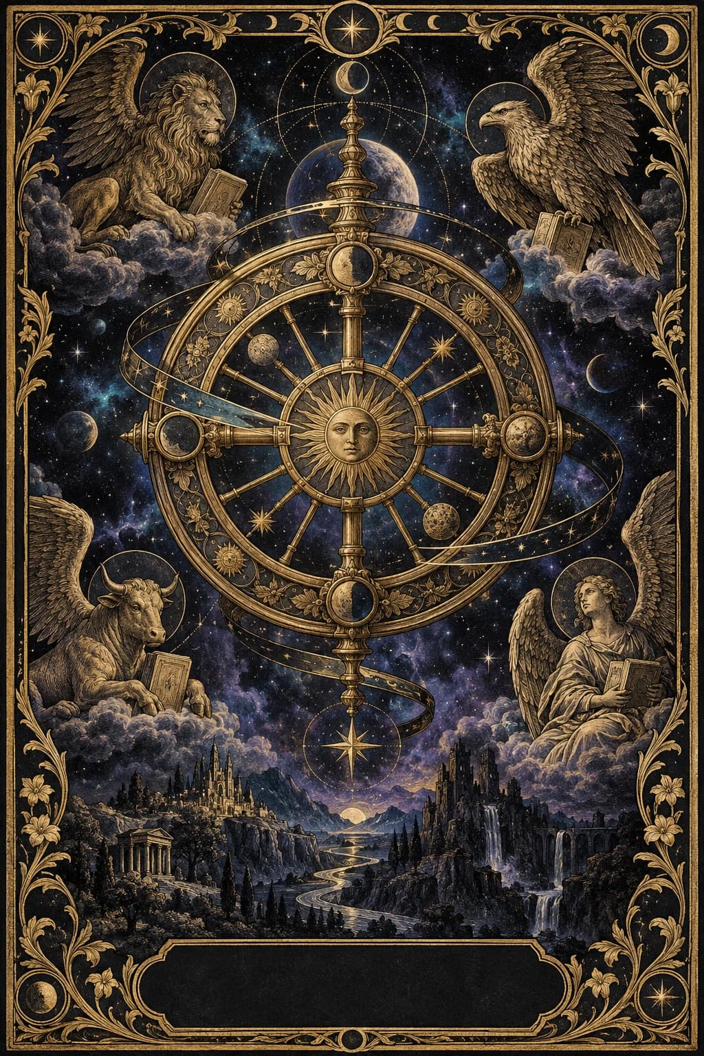 Ilustração original de A Roda da Fortuna no baralho Aura Tarot