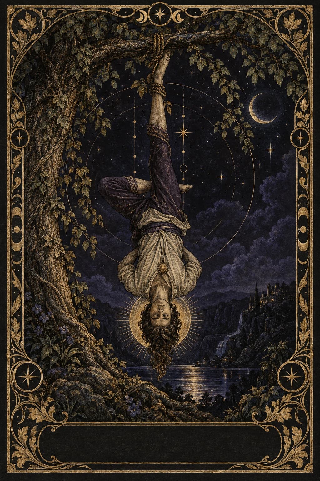 Ilustração original de O Enforcado no baralho Aura Tarot