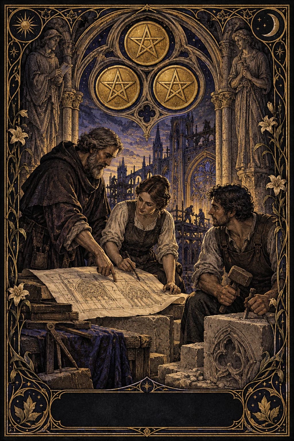 Ilustração original de Três de Ouros no baralho Aura Tarot