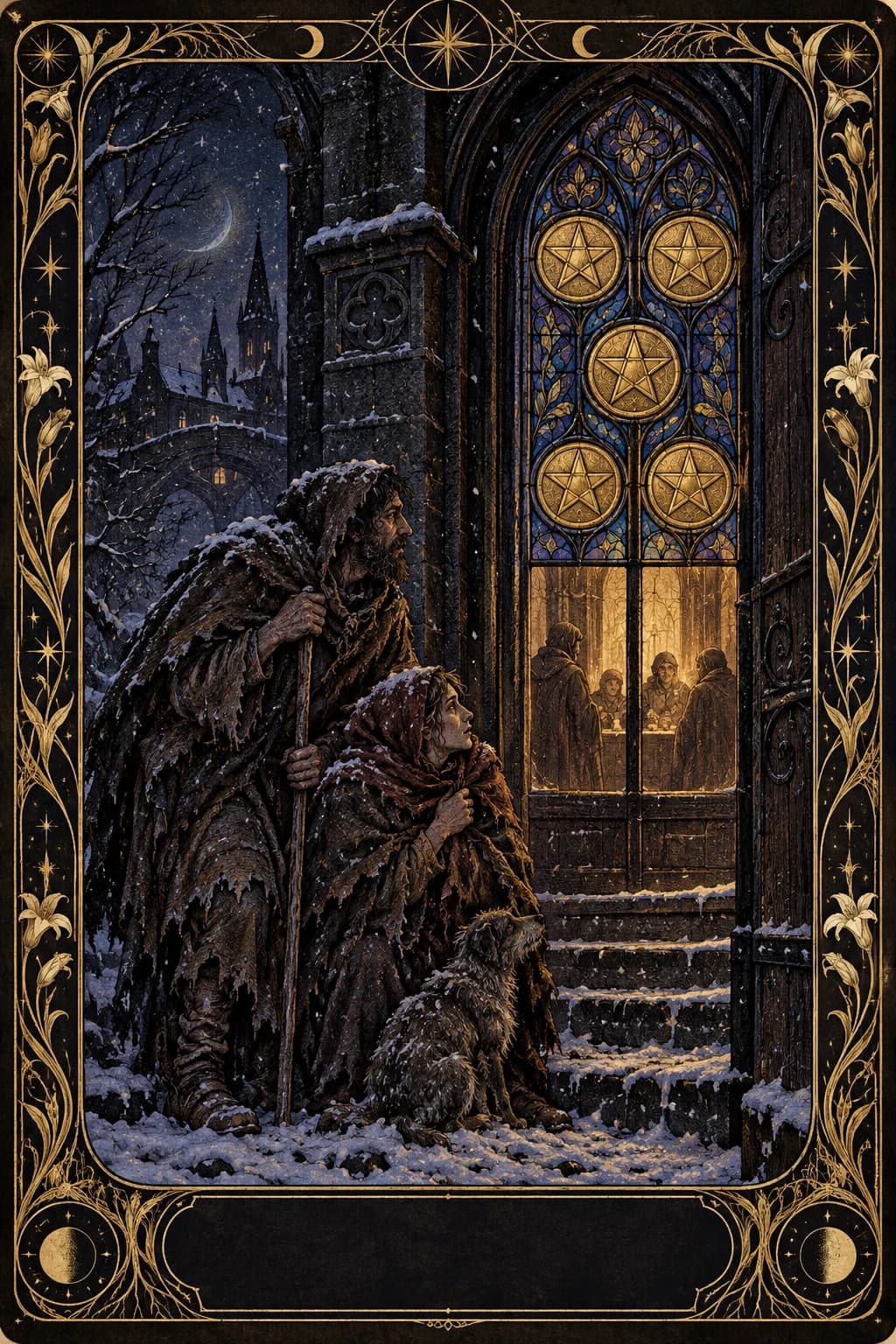 Ilustração original de Cinco de Ouros no baralho Aura Tarot