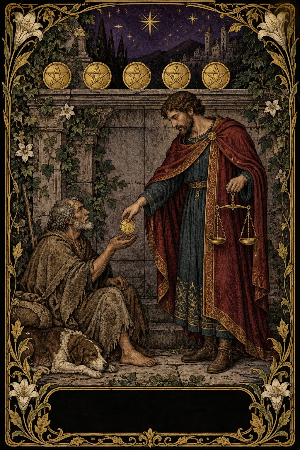 Ilustração original de Seis de Ouros no baralho Aura Tarot