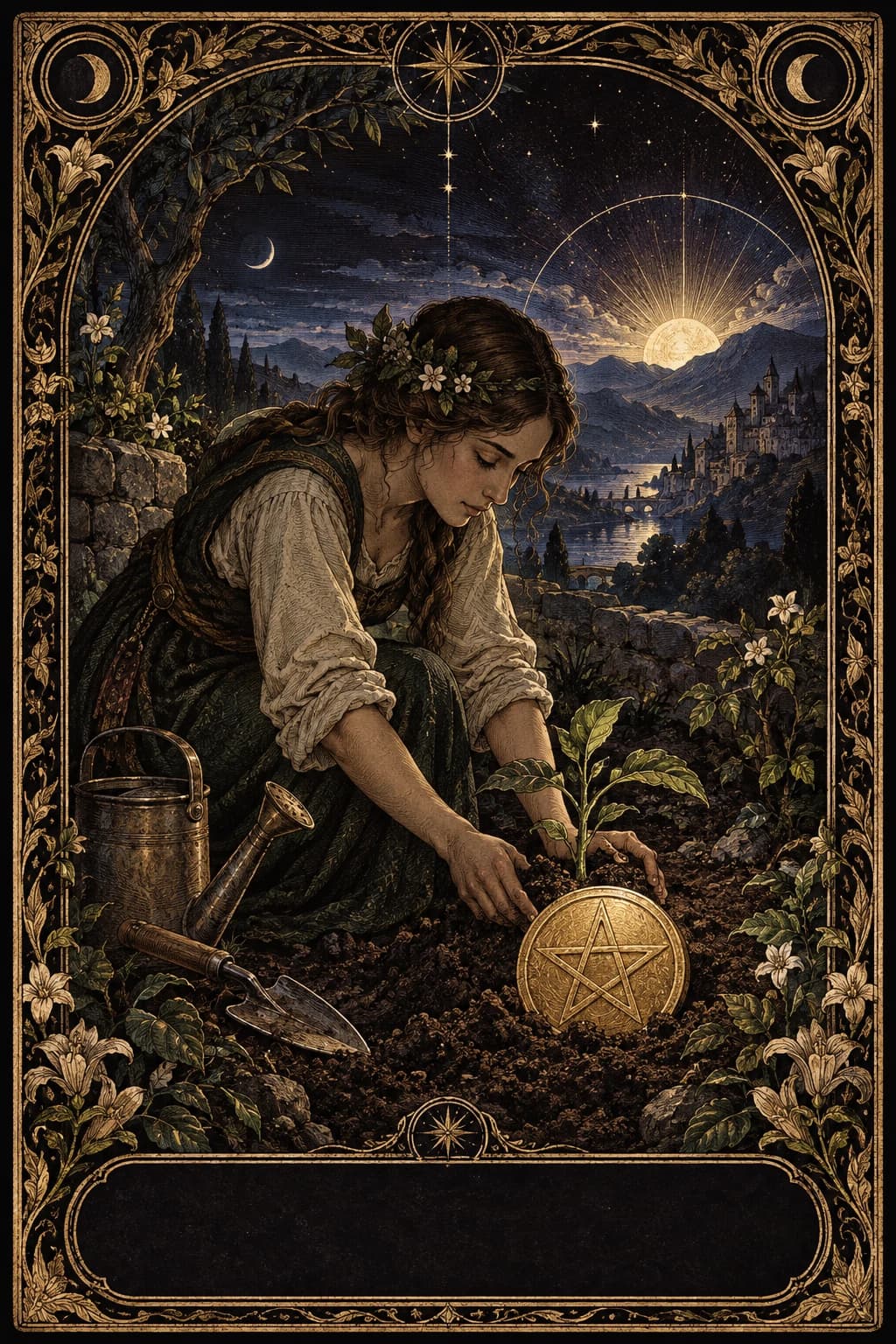 Ilustração original de Ás de Ouros no baralho Aura Tarot