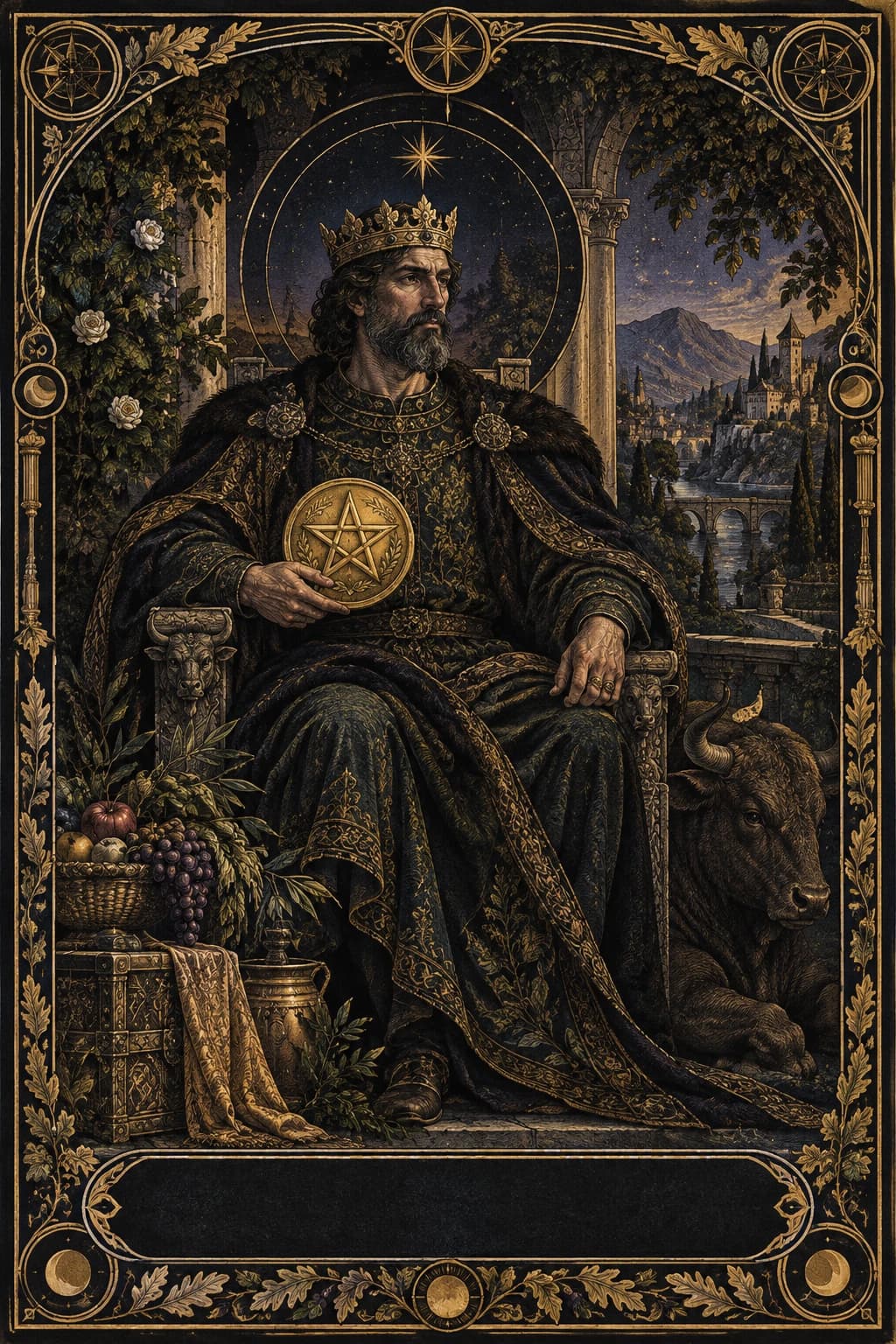 Ilustração original de Rei de Ouros no baralho Aura Tarot
