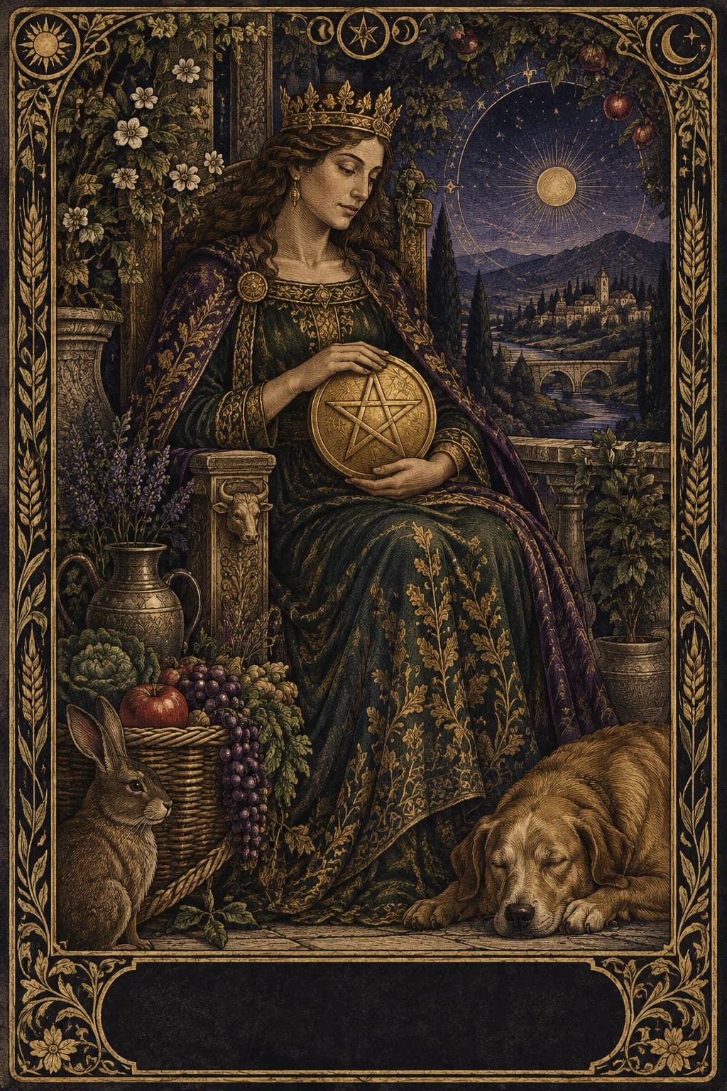 Ilustração original de Rainha de Ouros no baralho Aura Tarot
