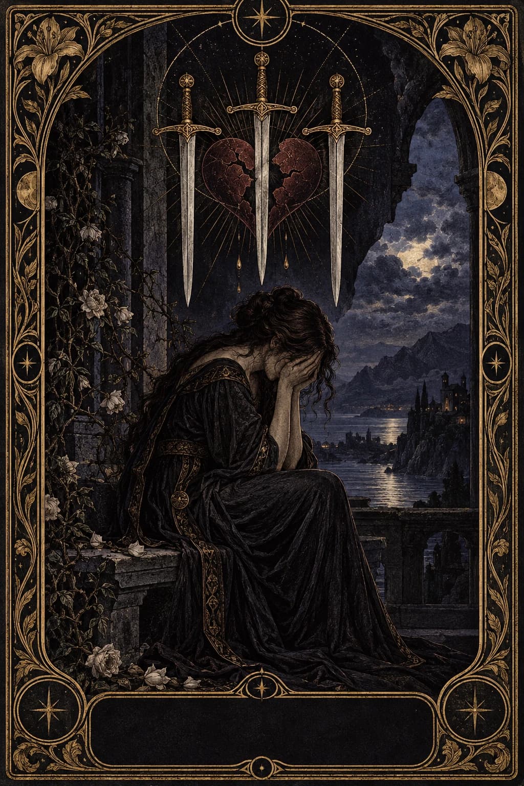 Ilustração original de Três de Espadas no baralho Aura Tarot