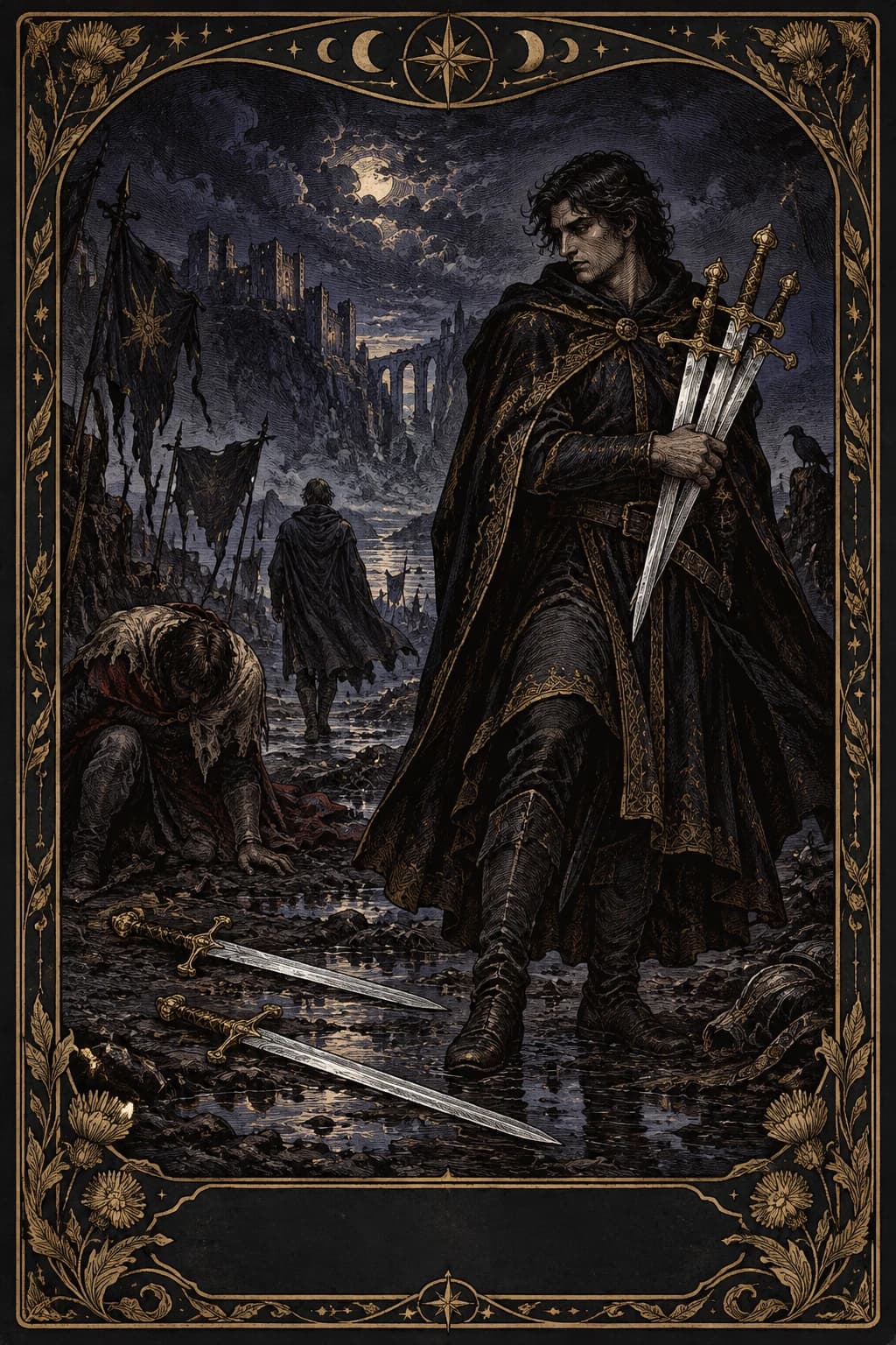 Ilustração original de Cinco de Espadas no baralho Aura Tarot