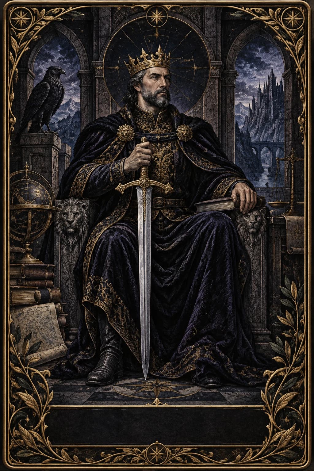 Ilustração original de Rei de Espadas no baralho Aura Tarot