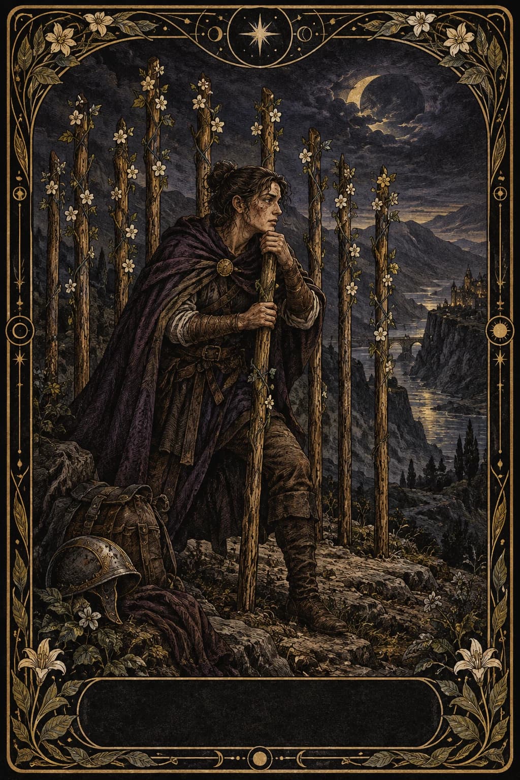 Ilustração original de Nove de Paus no baralho Aura Tarot