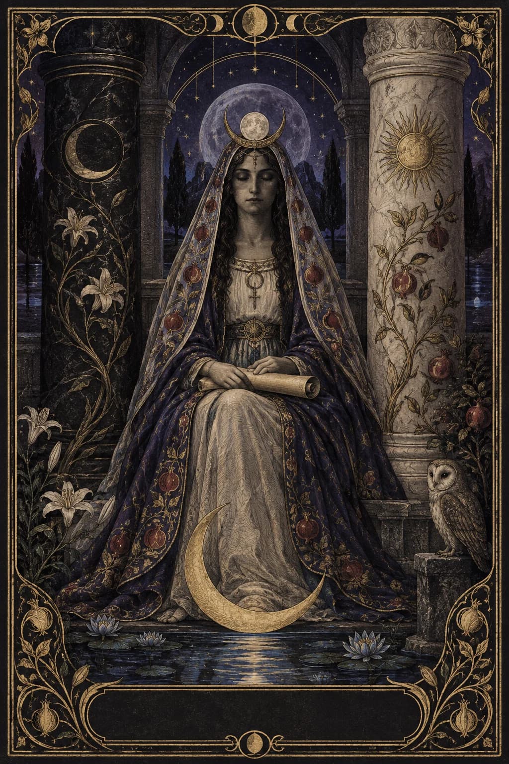 Ilustração original de A Sacerdotisa no baralho Aura Tarot